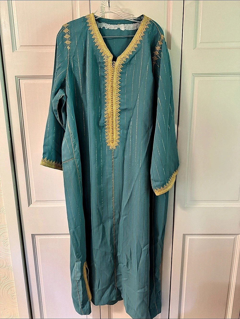 Embroidered Striped Kaftan in Blue and Gold Like New XL Handmade in Morocco 20